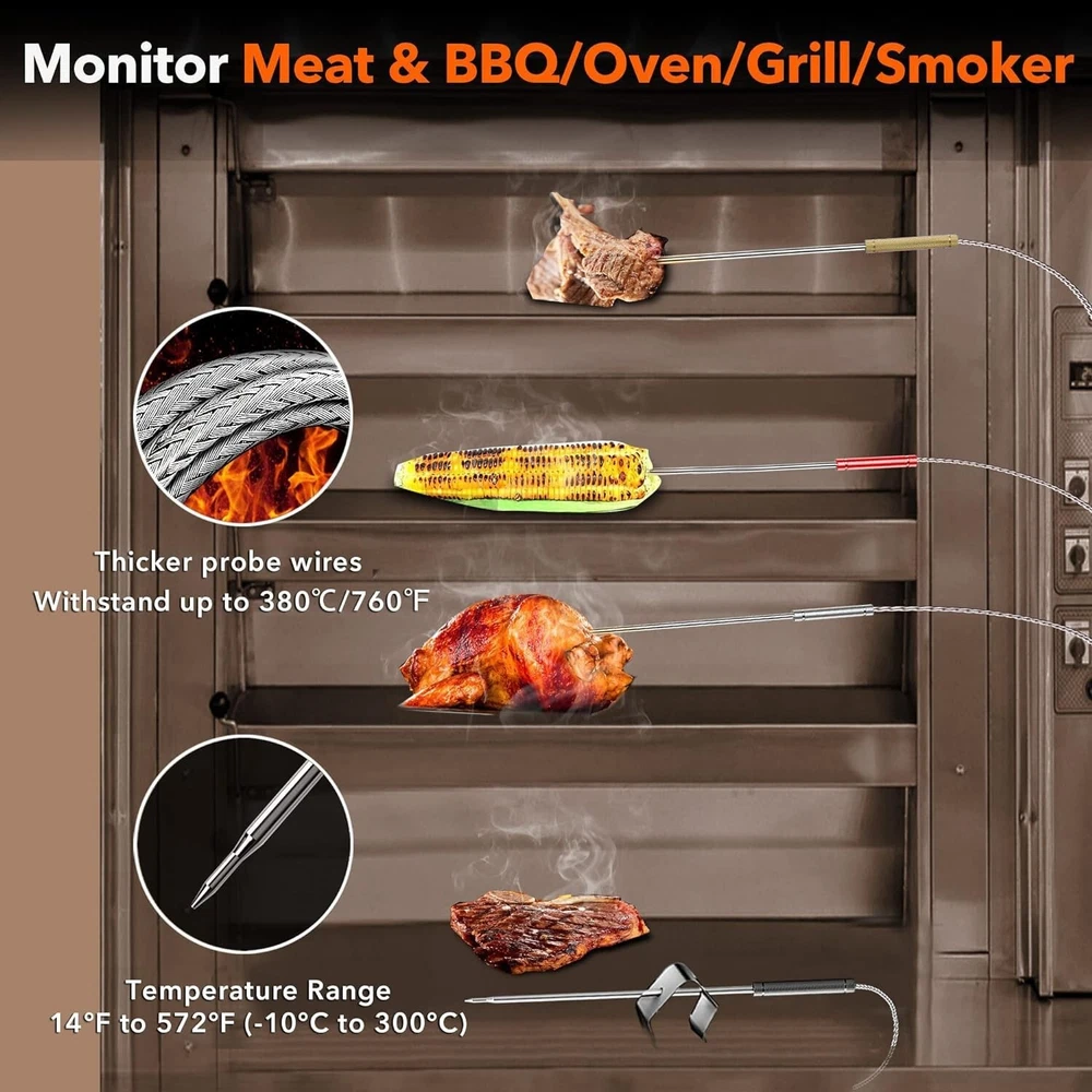Wireless Meat Thermometer, Digital Meat Thermometer, 4 Probes Food Thermomete...