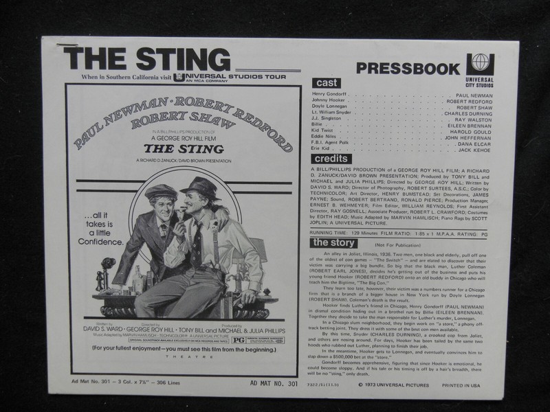 1973 THE STING MOVIE PRESSBOOK - PAUL NEWMAN, ROBERT REDFORD