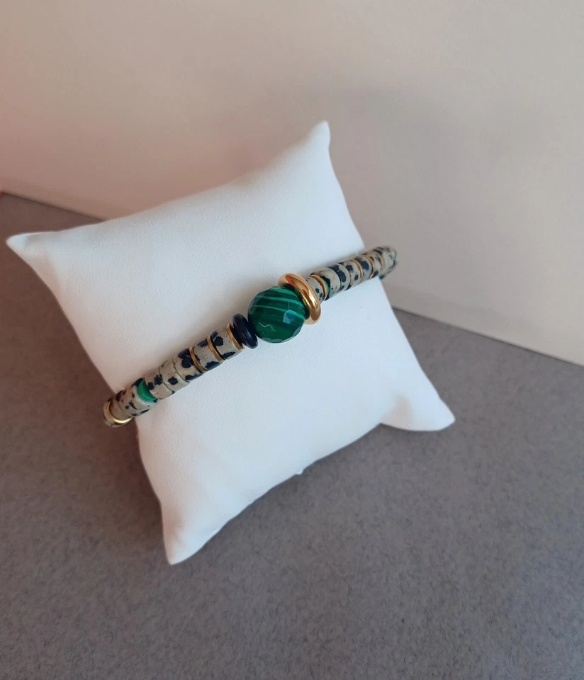 Nuevo Hombre Jaspe Dálmata Natural con Piedras Preciosas y Pulsera Acero Inoxidable Foto 2 de 4