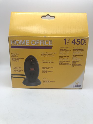 Protector contra sobretensiones Globe negro oficina en casa 1 toma de corriente 10 pies cable de alimentación 450 julios NUEVO - Imagen 2 de 3