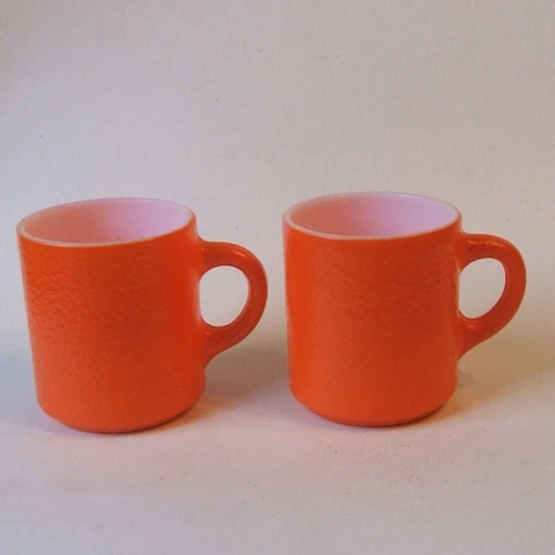 Hazel Atlas 2 Orange Peel Mugs Textured Paint on Milk Glass Stackable