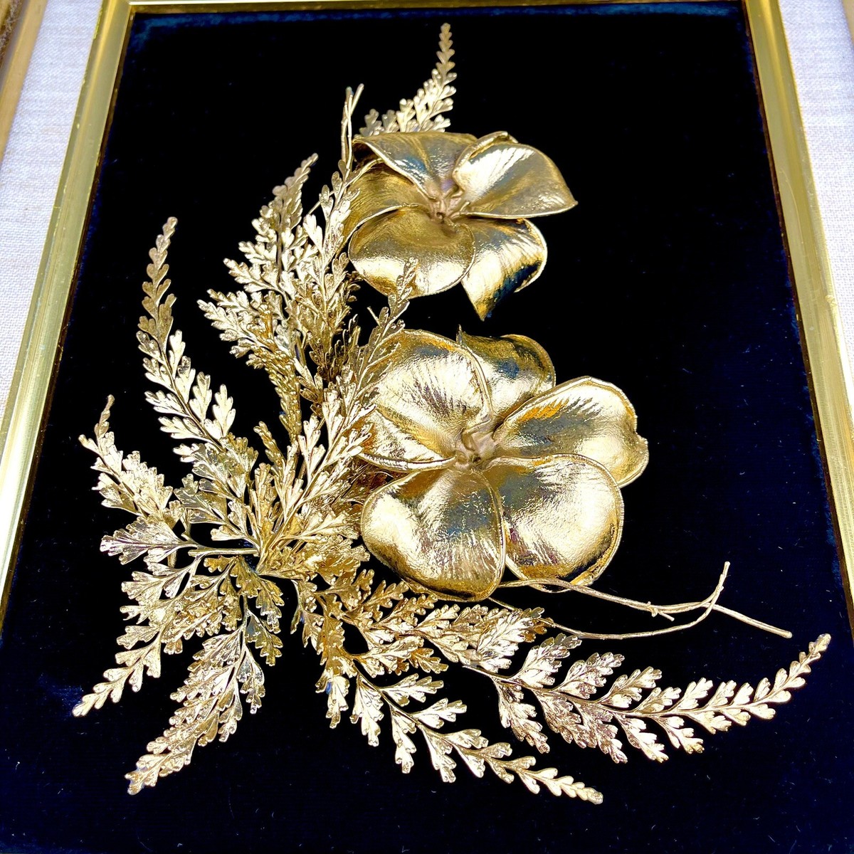 VTG Framed Handcraft Living Leaves & Flowers in 24K Gold Art Decor