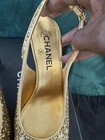 CHANEL Gold Glitter Slingback Block Heel Cap Toe Logo Women's Heels US 8.5 — photo 3