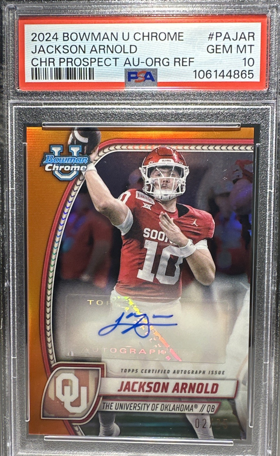 Jackson Arnold True Orange Auto 2/25 2024 Bowman Chrome U University RC Oklahoma