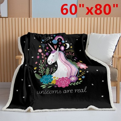 Black Sherpa Fleece Blanket 150x200cm Cozy Unicorn Fuzzy Throw Blanket For Couch