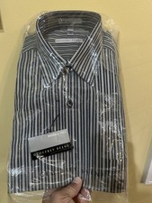 Geoffrey Beene Mens Fitted Dress Shirt Dark Striped Shirt Wrinkle Free L16 32/33