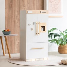 Wooden Play Kitchen Fridge     Interactive Ice Maker, Double Door Storage 