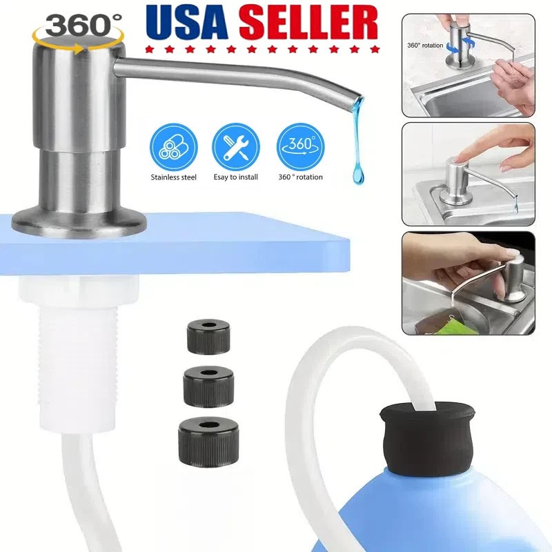 360° Sink Soap Dispenser Stainless Steel Kitchen Hands Liquid Pump Bottle Tube.