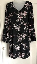 Blue Vanilla Black/Pink Floral Long Sleeve Loose Fit Shift Dress Size 10-12