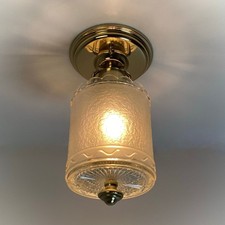 Vintage 1950s Brass Flush Mount Ceiling Light Textured Glass Shade
