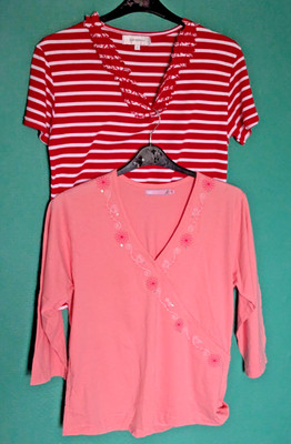 2er-Pack T-Shirts 2 Sommertops x 2 1 rosa geblümt 1 rot gestreift Übergröße 16 'A41
