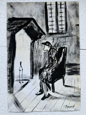 VINCENT VAN GOH drawing and painting on old paper signed stamped vintage
