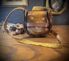 Vintage 1970s tooled leather shoulder bag purse with yellow flowers boho hippie
