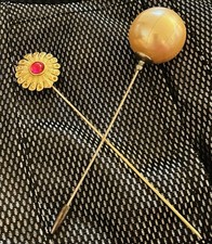 Vintage Large Pearl Top Hat Pin + Amber Jelly Belly Hat Pin Silver & Gold Tone