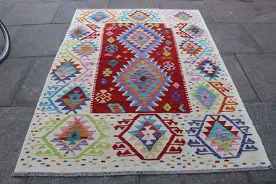 Tapis Kilim Oriental Vintage Fait Main Laine 200x145cm Blanc Rouge - Photo 1/4