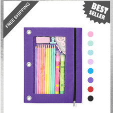 Pencil Pouch for 3 Ring Binder Large Zipper Case with Clear Window Purple Office