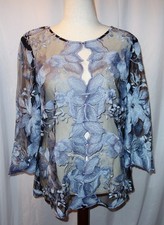 Alex Evening Navy Silver Sparkly Sheer Floral Jacket Top Size Large