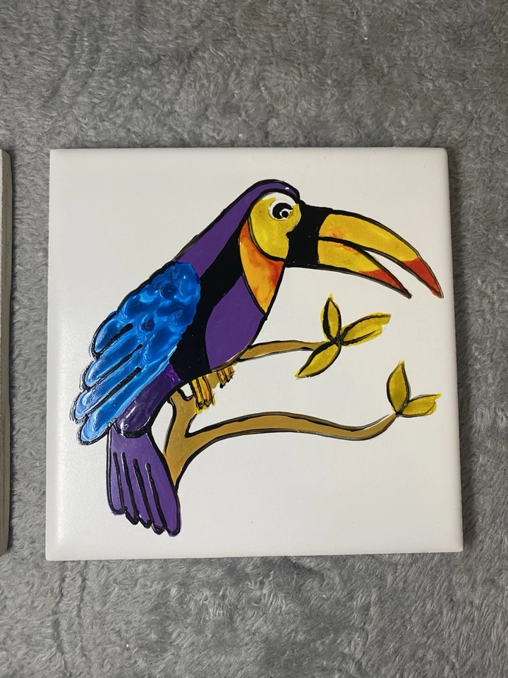 Vintage handbemalte tropische Vogel Keramikfliesen - passendes Paar - Made in USA - Bild 4 von 4