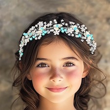 Blue Pearl Flower Girl Headpiece, Wedding Headband, Floral, Princess, Hair