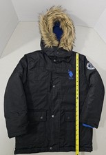 U.S. Polo Assn Boys Size 8 Black Blue Hooded Winter Parka Jacket Faux Fur Coat