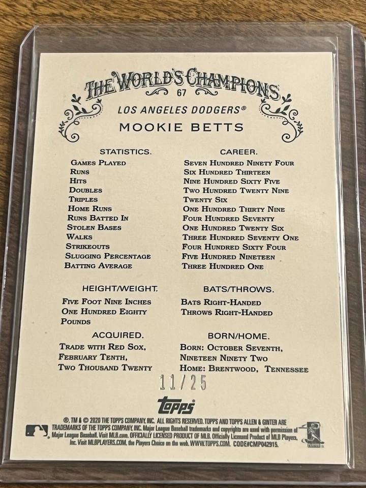 2020 Topps Allen & Ginter Mookie Betts Orange Refractor #/25 RARE beautiful mint - Image 2 of 2