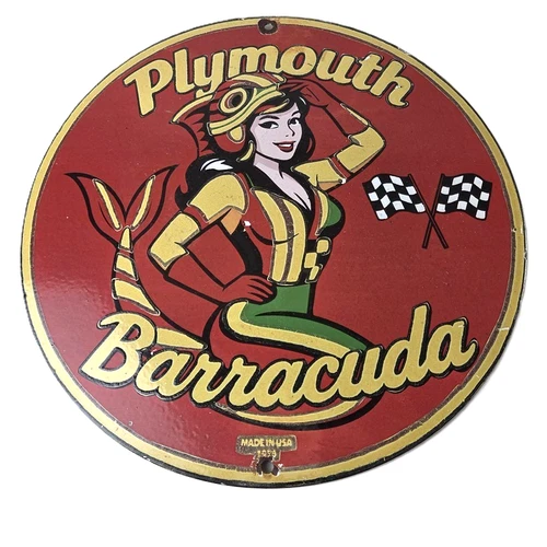 Vintage Plymouth Barracuda Sign - Porcelain Auto Gas Pump Plate Sign