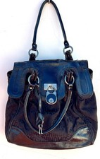Borsa tote vintage MOSCHINO nera Spellout jacquard vernice lucchetto Y2K
