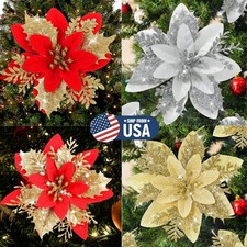 10Pcs Christmas Artificial Gold Red Poinsettia Flowers Xmas Tree Decor 2026 USA
