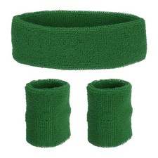 1 Headband & 2 Sport Wristbands Cotton Athletic Sweatband Dark Green