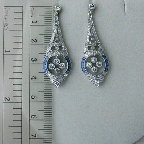 Conjunto de pendientes bisel Art Deco zafiro redondo circón oro blanco 14K plata 925 FN Foto 3 de 4