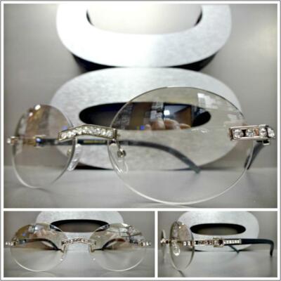 Classy Elegant Sophisticated Oval Clear Lens SUN GLASSES Rimless Faux Wood Frame
