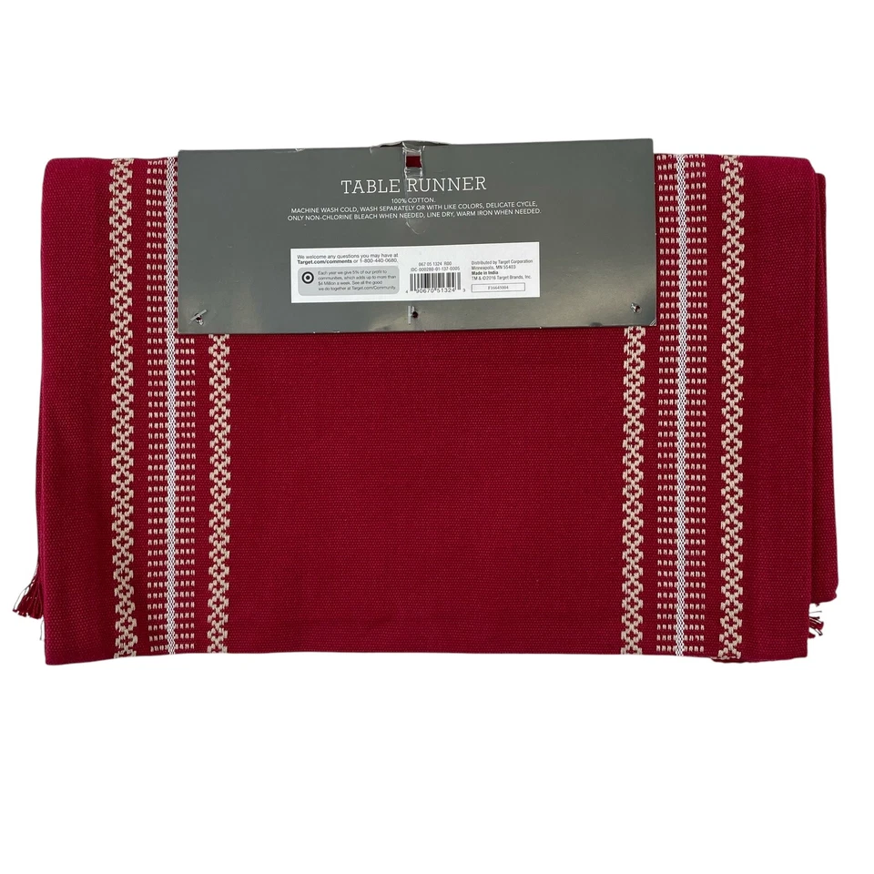 NWT Table Runner Deep Red White Embroidered Fringe Hem 14" X 72" Christmas - Image 4 of 4