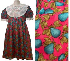 VTG 70s Maryan Blue Pear Cotton Dress Embroidered Bib Collar Made In Spain Sz 4T