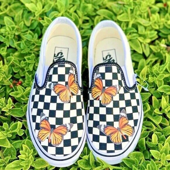 Butterfly Custom Vans, All sizes, vans slip ons, white vans 6 7 7.5 8 8.5 9