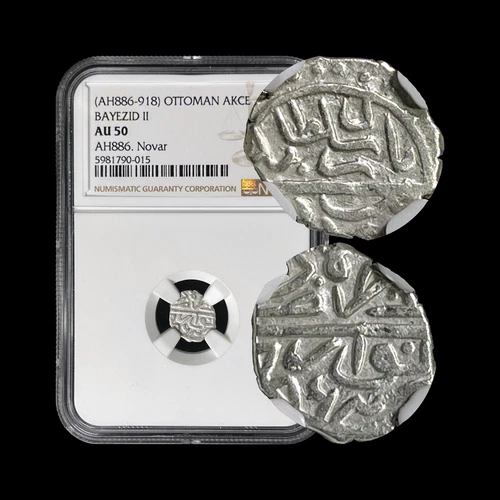 OTTOMAN. 1481, Akce, Silver - NGC AU50 - Bayezid II, Novar, Serbia 015