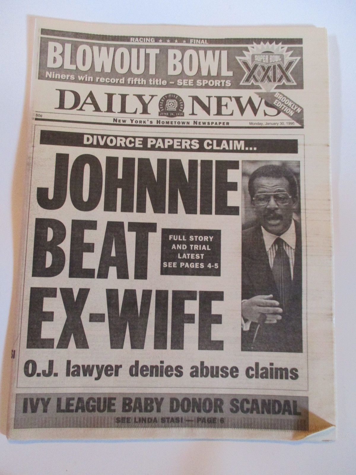 JOHNNIE COCHRAN BEAT WIFE NEW YORK DAILY NEWS NEWSPAPER '95 49ers WIN SUPER BOWL