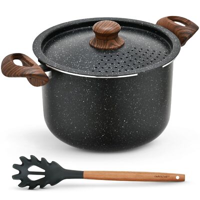 NutriChef 5qt Pasta Pot with Strainer Lid & Pasta Fork w/ Lockable- Black Marble