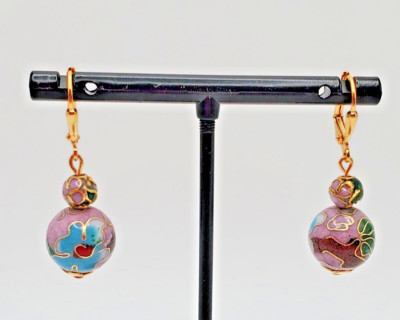 Neu rosa Cloisonné zwei Perlen Ohrhänger mit vergoldetem Hebelverschluss