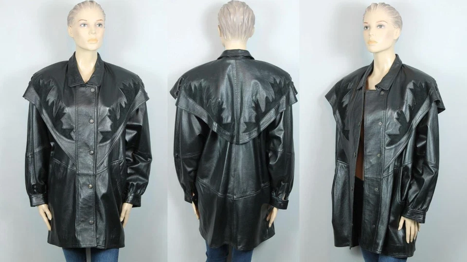 De Colección LEGITTIMA PELLE Negro Cuero Genuino Suave Piel de Cordero Cadera Abrigo Chaqueta L