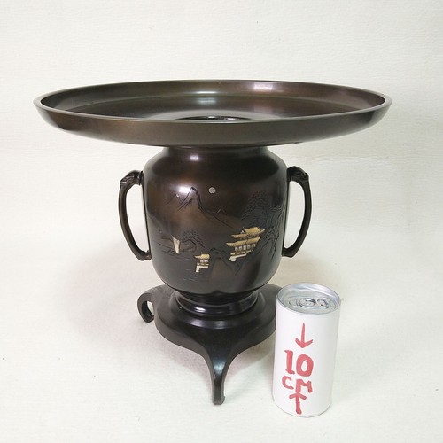 Japanese Bronze Usubata Vase 10.83inch Landscape Pattern Flower Bonsai Ikebana - Picture 4 of 18