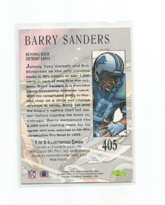 BARRY SANDERS (Lions) 1994 CLASSIC PRO-LINE LIVE ILLUSTRATION CARD