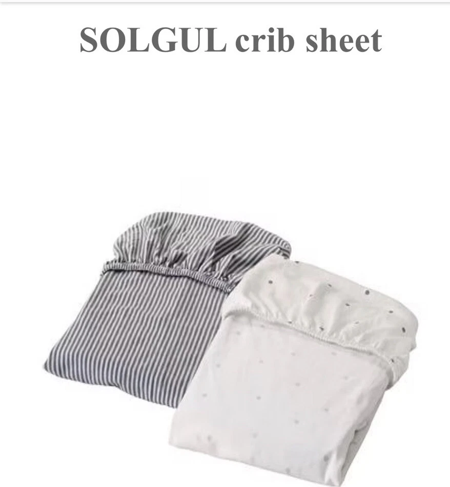 IKEA NEW Baby Cradle Sheet 2 fitted Gray Stripe white Dot SOLGUL 19 5 8 X 31 7 8
