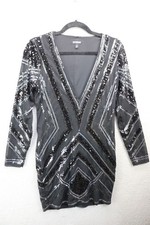 Express Long Sleeve Low V-Neck Allover Sequins Dress-Medium-Event-Party/Cocktail