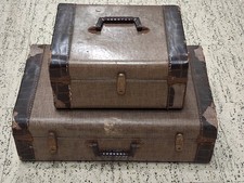 Vtg Suitcase Set 2pc Tweed Nested Luggage Faux Alligator Trim Mid Century Old