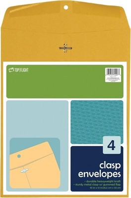 Flight Clasp Envelopes, Gummed and Clasped Closure, 10 x 13 Inches, Brown Kraft,