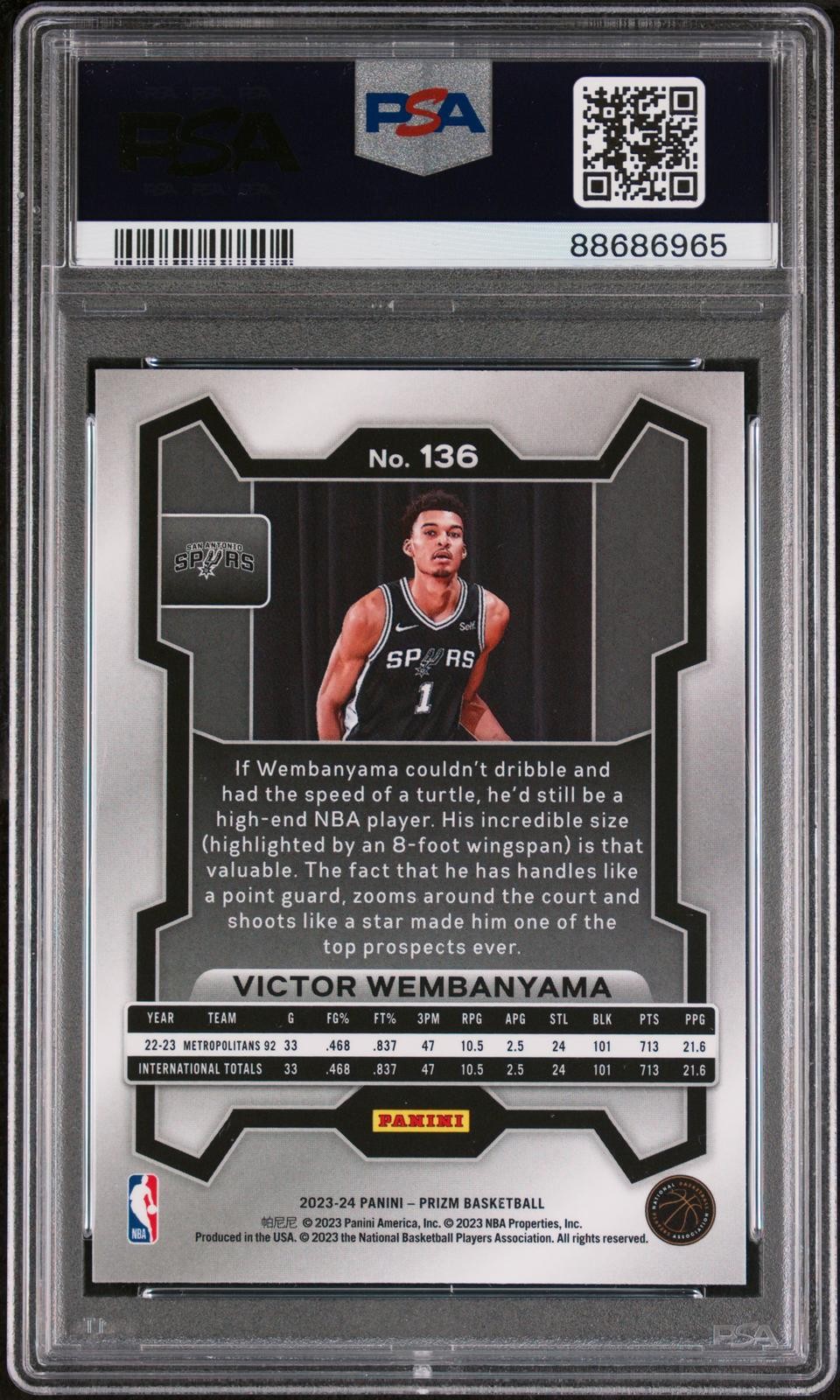 PSA 9 2023 Panini Prizm #136 Victor Wembanyama San Antonio Spurs RC view 2