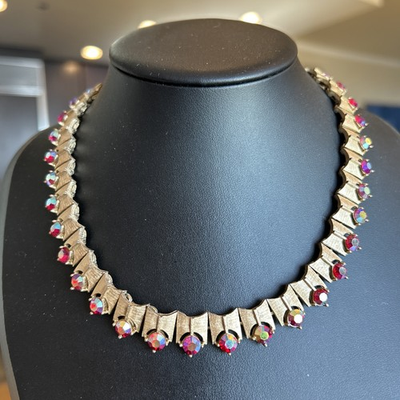 #ad Vintage Kramer of NY Necklace Choker Art Deco Vibes 60s Watermelon AB Rhinestone $70.12