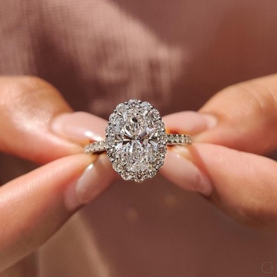 Oval Lab Grown Diamond Halo Engagement Ring Pave Band Bridal Ring 1 2 CT IGI