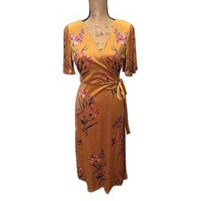 Flying Tomato True Wrap Midi Dress Floral Velour Mustard Yellow Size Large