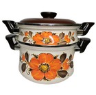 3 pcs Vintage Sanko Ware Show Pans 5Qt Stock Pot 2Qt Pan Orange Poppy Japan Lid